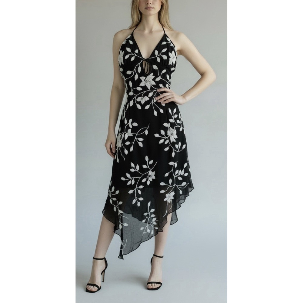 VTG Y2K Cache Beaded Silk Halter Dress L Whimsygoth Asymmetrical Fairycore Prom